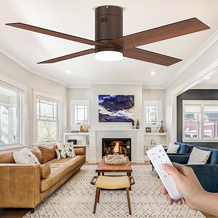 DWVO 52 Inch Flush Mount Ceiling Fan with Lights, Low Profile Reversible 4 Blade Ceiling Fan with Dimmable 3 Color Temperature, 6 Speed DC Motor, Memory Function for Bedroom, Living Room, Brown
