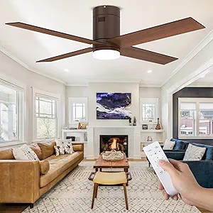 DWVO 52 Inch Flush Mount Ceiling Fan with Lights, Low Profile Reversible 4 Blade Ceiling Fan with Dimmable 3 Color Temperature, 6 Speed DC Motor, Memory Function for Bedroom, Living Room, Brown