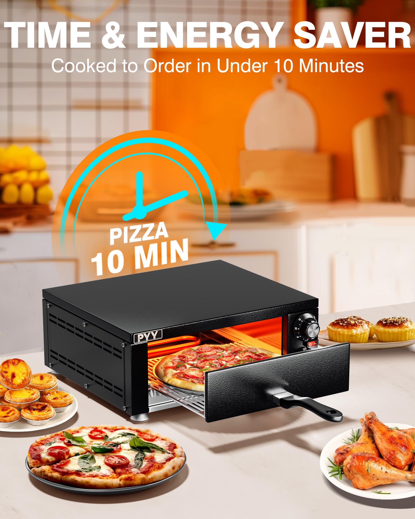 PYY Electric Pizza Oven Indoor Countertop Pizza Oven Commercial Pizza Maker Machine for Home with Timer Stainless Steel Pizza Cooker,Matte Black - Detailed View