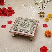 Wooden Handi crafted Bajot | Handcrafted Rexine Pooja Chowki for Mandir | Decorative Golden Embossed Platform for Idols, Kalash & Pooja Articles | Traditional Indian Handicraft Stand for Home Temple & Festivals(Rexine (8'' x 8'')( Pack of 1))