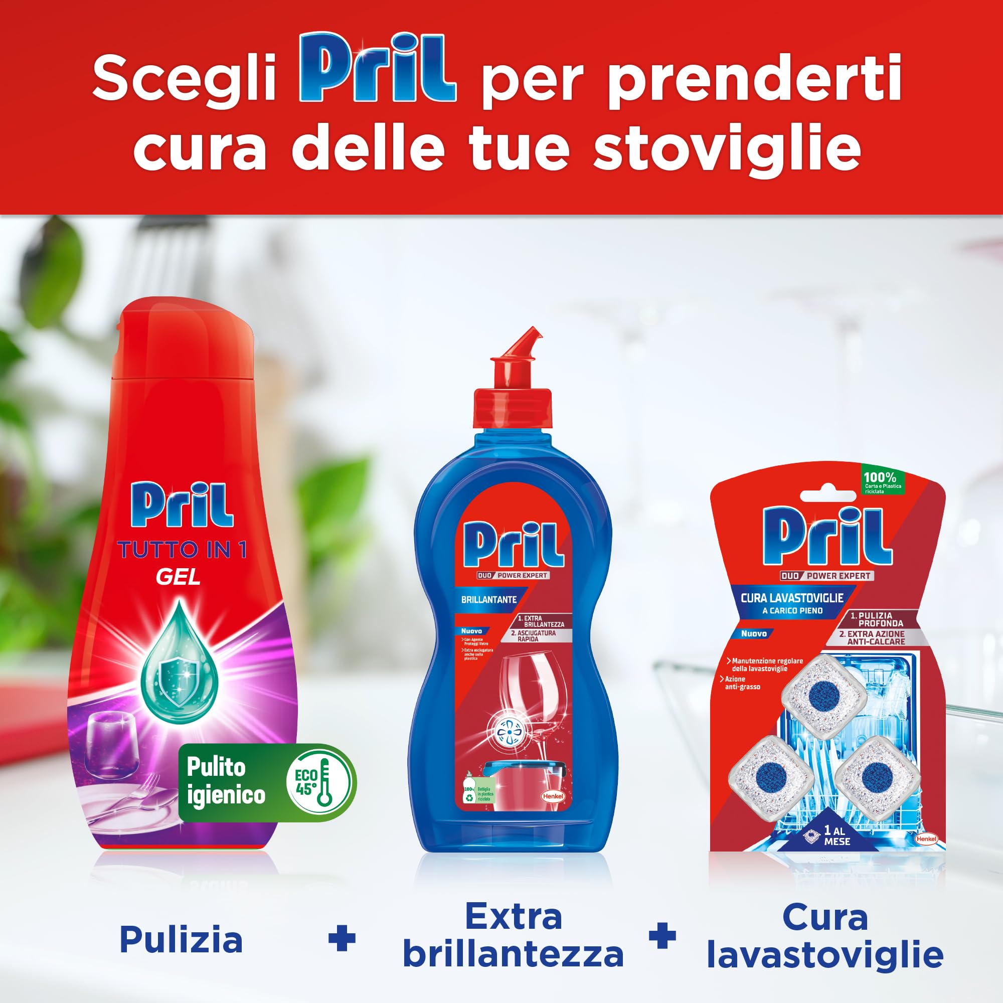 Pril Gel All in One Igiene, Detersivo Lavastoviglie Liquido con Bicarbonato, Multi-Azione Sporco Difficile, 6 Confezioni da 52 Lavaggi, 312 Lavaggi