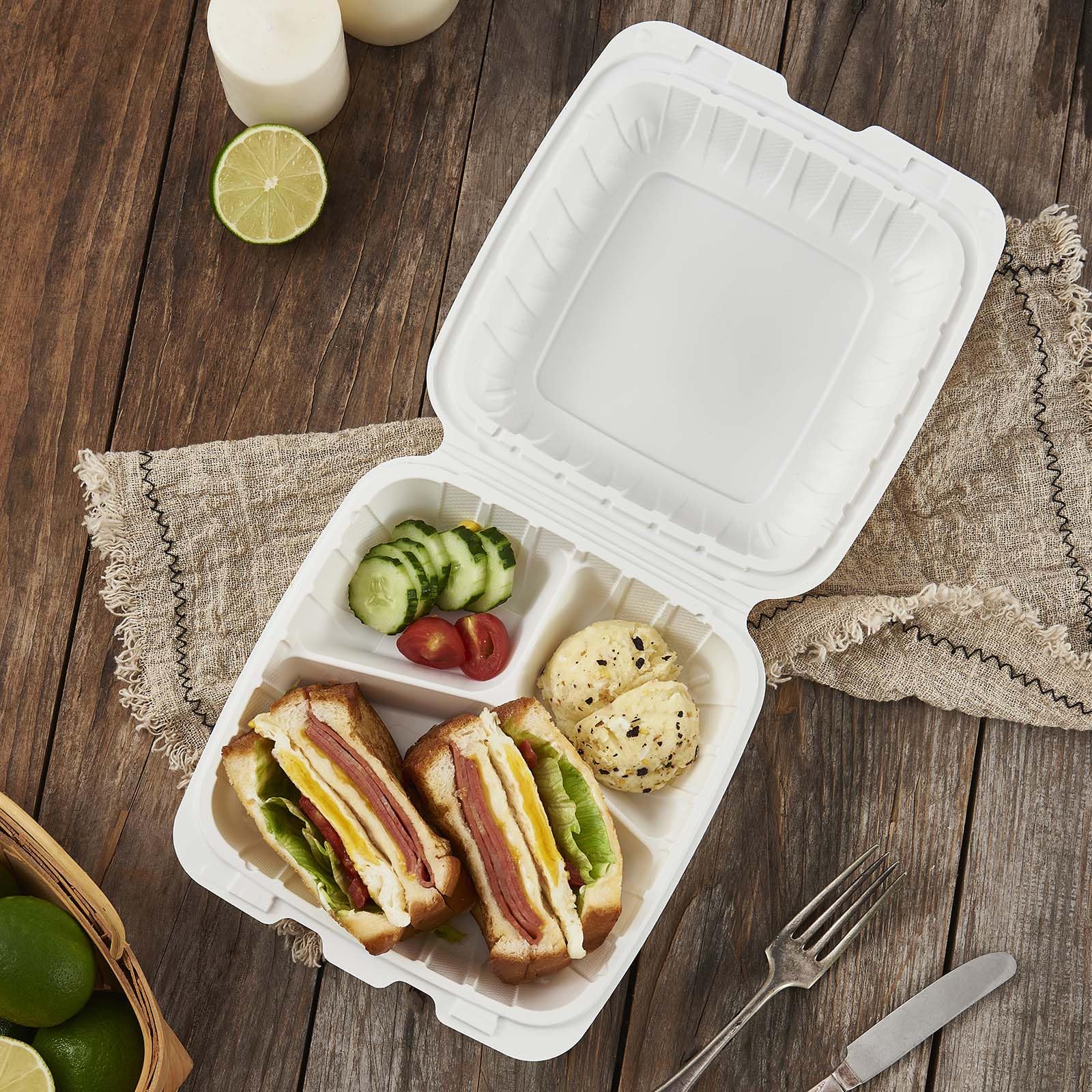 Jaluxing Paquete de 50 recipientes de plástico con bisagras de 8 x 8 pulgadas, 3 compartimentos, para llevar, para restaurante, preparación de comidas, catering, contenedor con bisagras