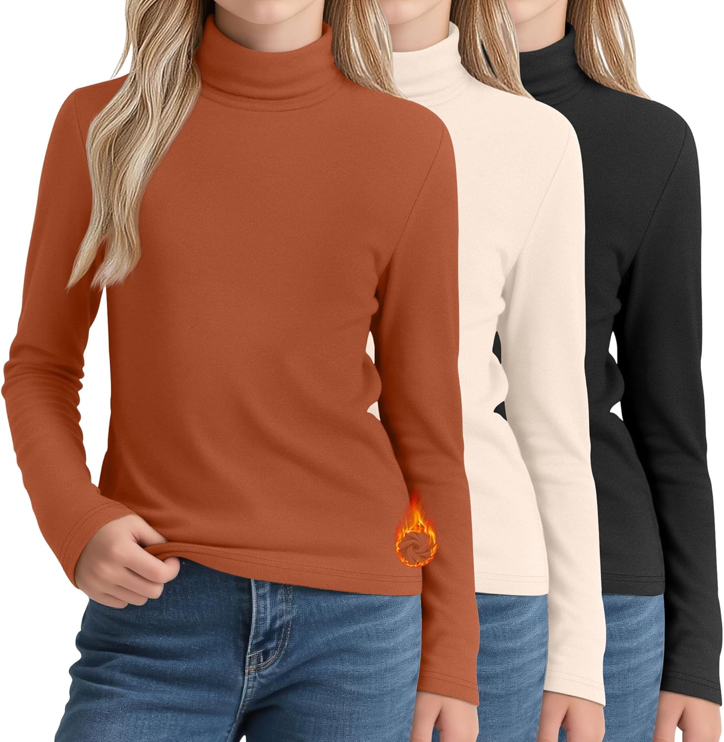 3 Pack Girls Turtleneck T Shirt, Fleece Mock Neck Thermal Tops Long Sleeve Kids Swe...