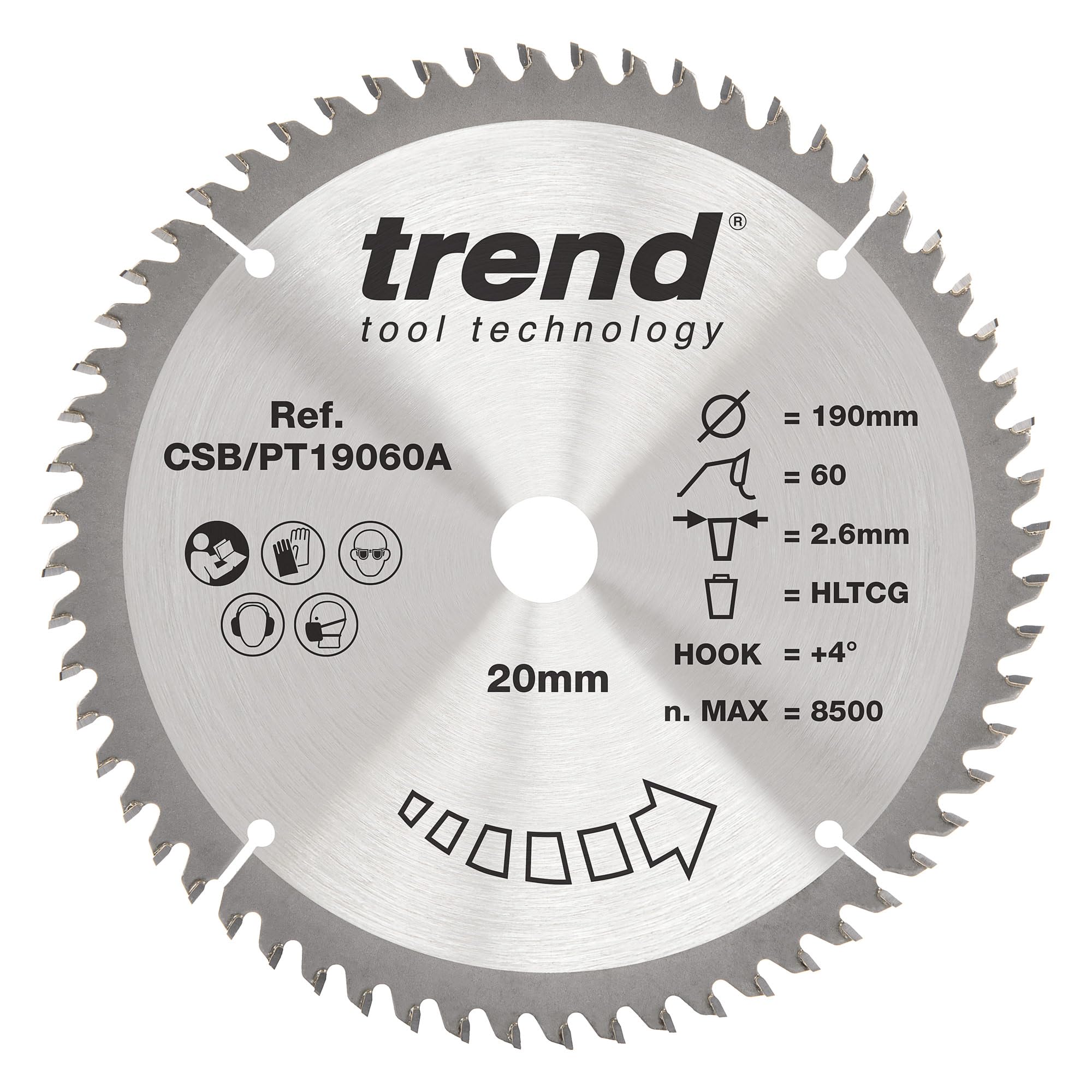 Trend Tungsten Carbide Circular Saw Blade, 190mm Diameter, 20mm Bore, 60 Teeth, 2.6mm Kerf, +4° Hook Finish, CSB/PT19060A