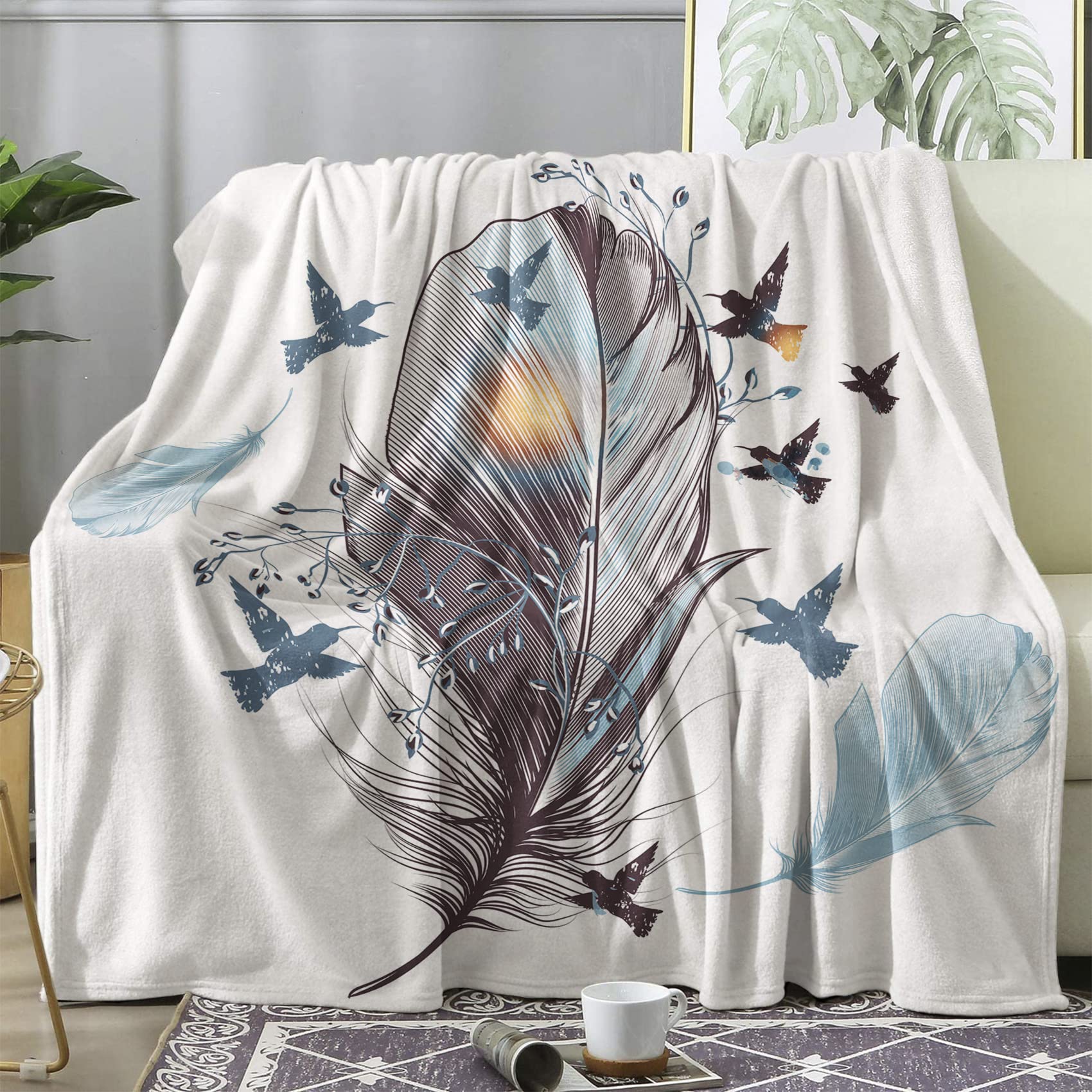 Plaid canapé en flanelle BUKITA 130x150 oiseau - Couverture polaire 1 personne douce pour lit