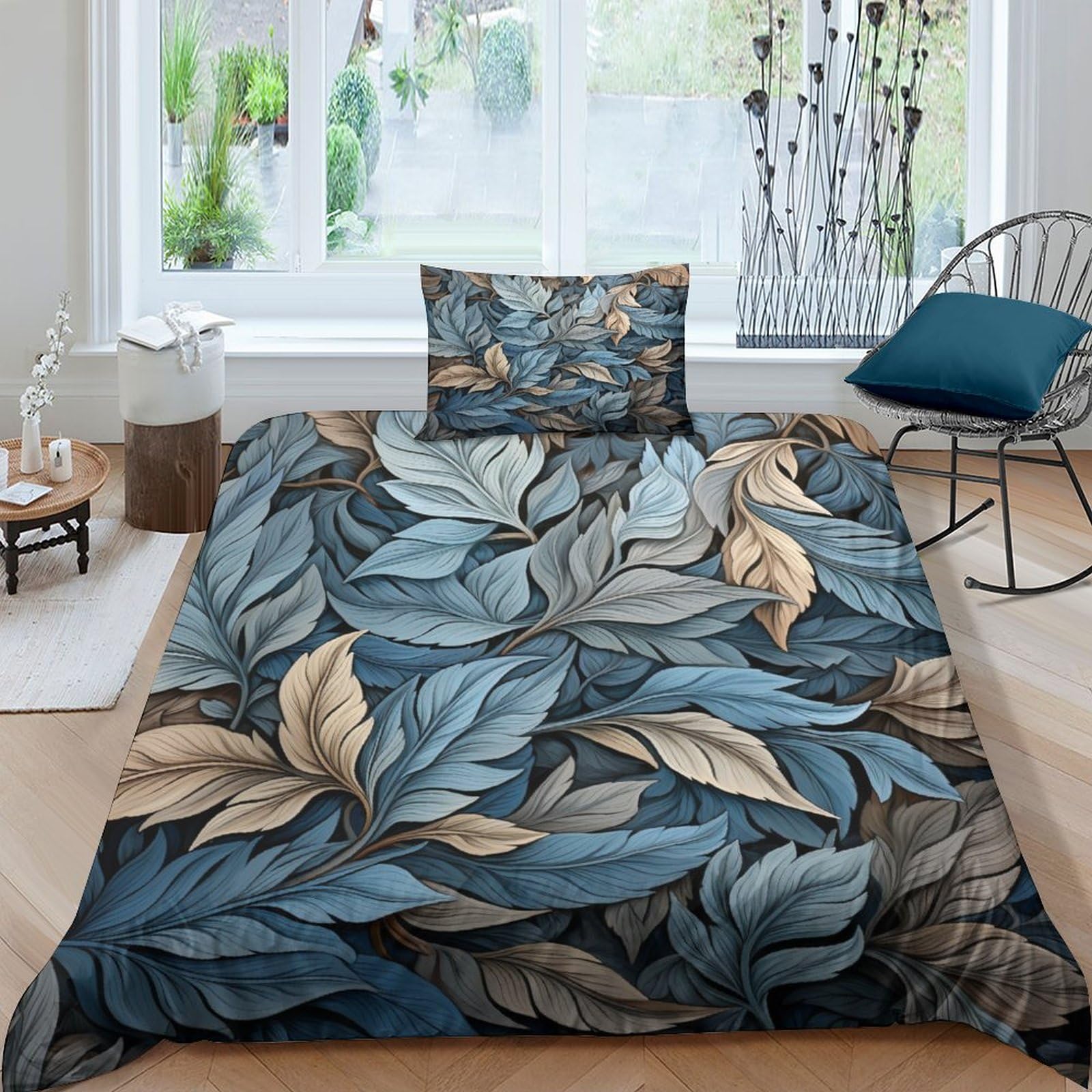 Housses de couettes 3D feuilles bleues pour une chambre parentale apaisante