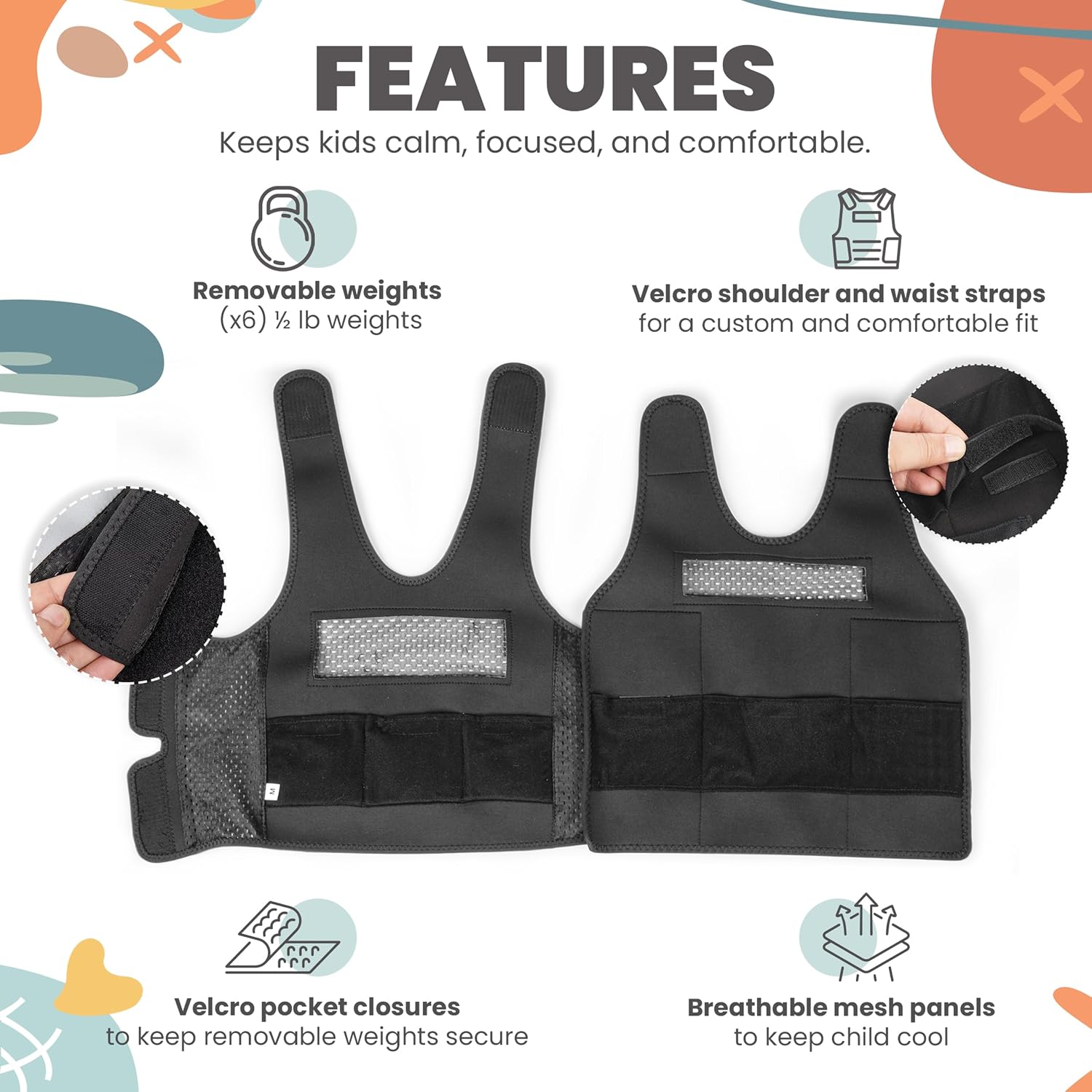 Kids Weighted Vest – 3 lbs Adjustable Compression Vest for Kids with Sensory Issues – Washable, Breathable Sensory Calming Vest for Kids