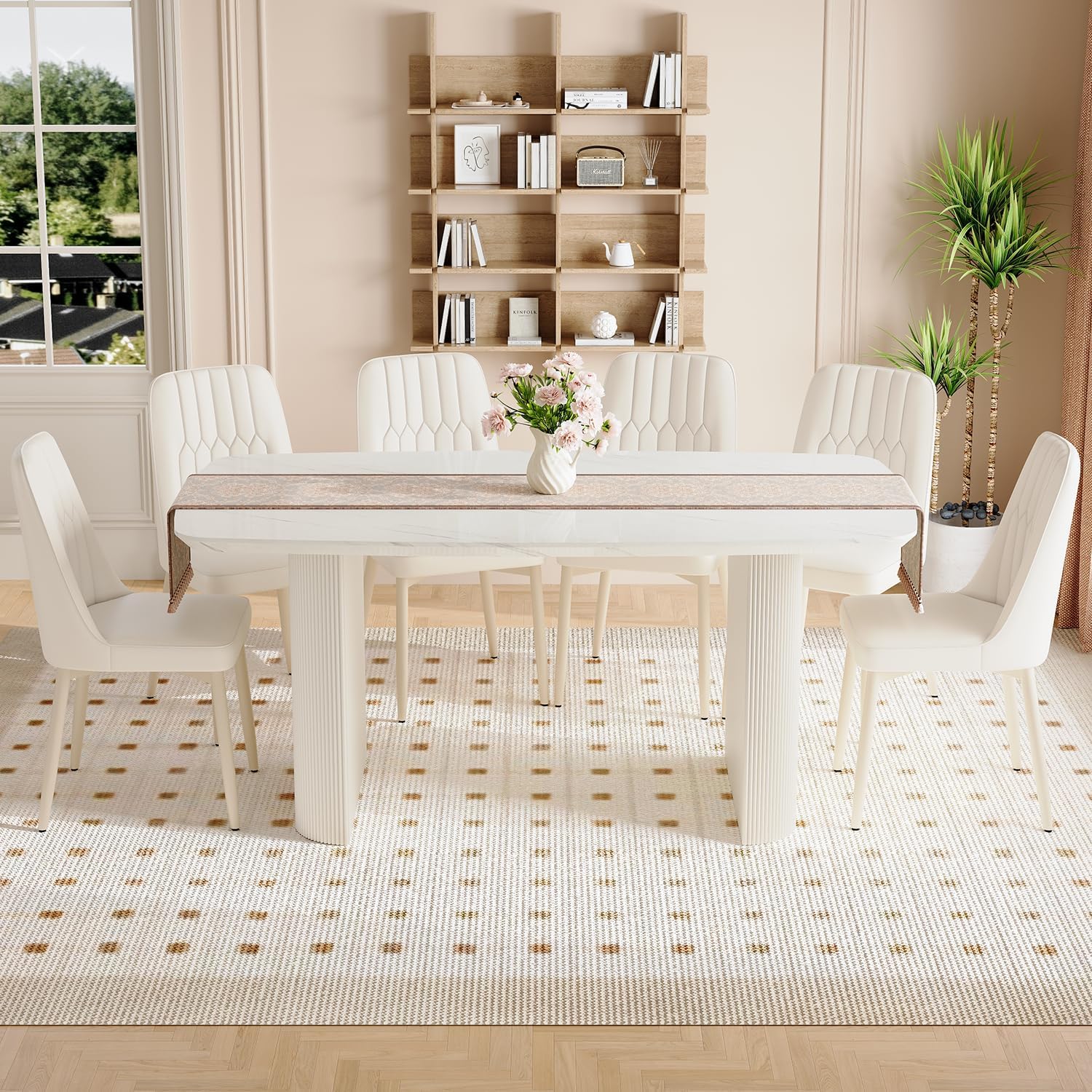 TesNus White Dining Table Set for 6, 67” Modern Dining
