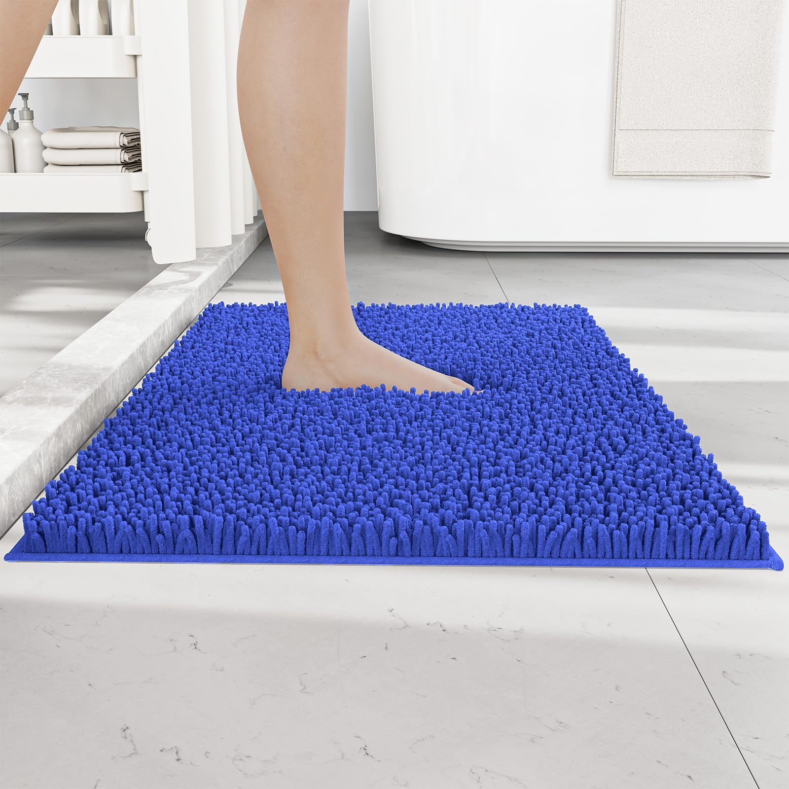 RUN HELIX Non Slip Chenille Bath Mat, Versatile Soft Bathroom Mat & Shower Mat, Machine Washable Absorbent Bath Mats for Bathroom, Living Room, Kitchen, Bedroom & Indoor Scenes, 50x80cm, Denim Blue