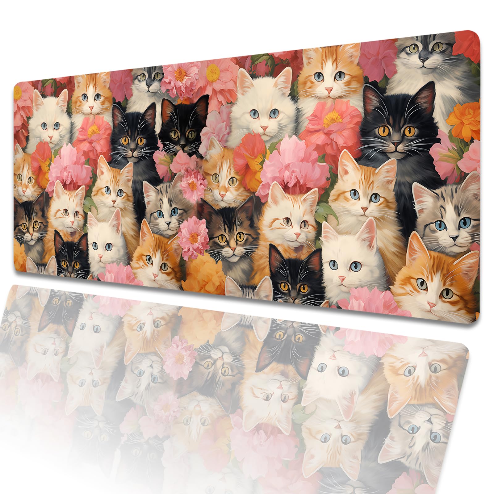 amepay Cute Cat Gaming Mouse Pad 31.5 x 11.8 Inch,Kitten Flower Large Extended Desk Mat with Non-Slip Rubber Base,Floral Big Mousepad for Laptop Computer PC,for Office Gamer Home Decor,Deskmat Gifts