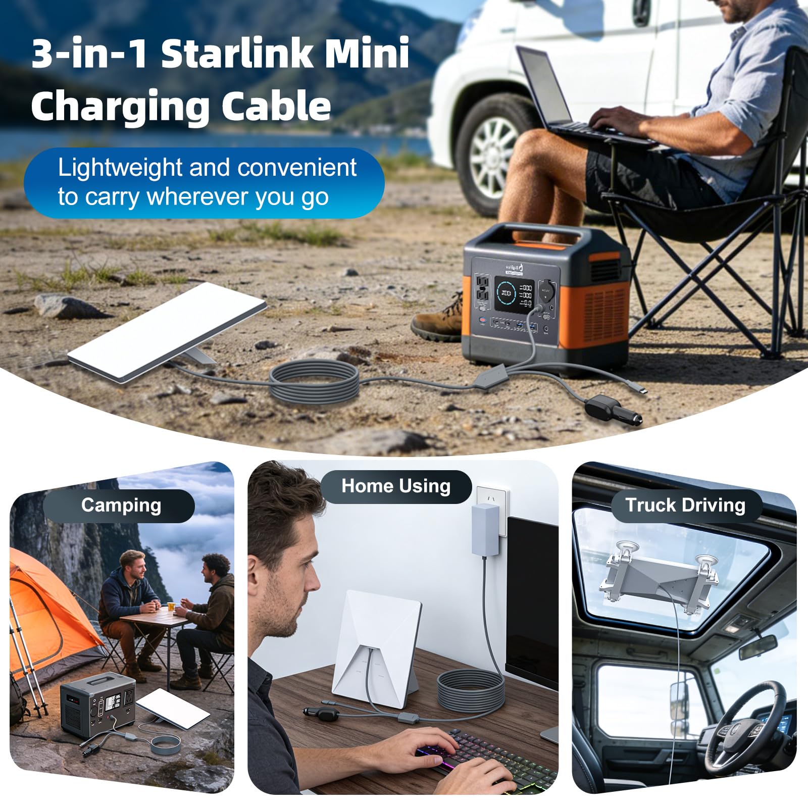 Starlink Mini cavo 3 in 1 da 3 m, 18 AWG Starlink Mini 100 W ad alta velocità USB C/caricabatteria da auto/DC a DC cavo di alimentazione Starlink Mini accendisigari per auto di ricambio impermeabile