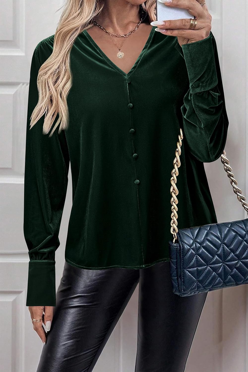 Newshows Women's Velvet Tops Dressy Casual Long Sleeve Smocked Work Blouses Trendy Blusas Elegantes Button Down Shirts - Image 4