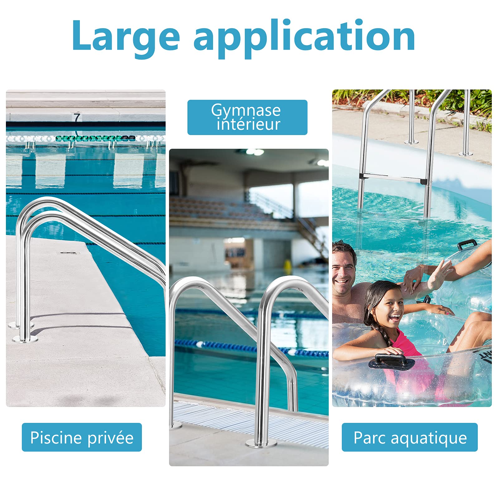 COSTWAY Échelle en Acier Inoxydable en U à 3 Niveaux pour Piscine, avec Marches Antidérapantes et Mains Courantes Confortables, Idéal pour Spa, Parc