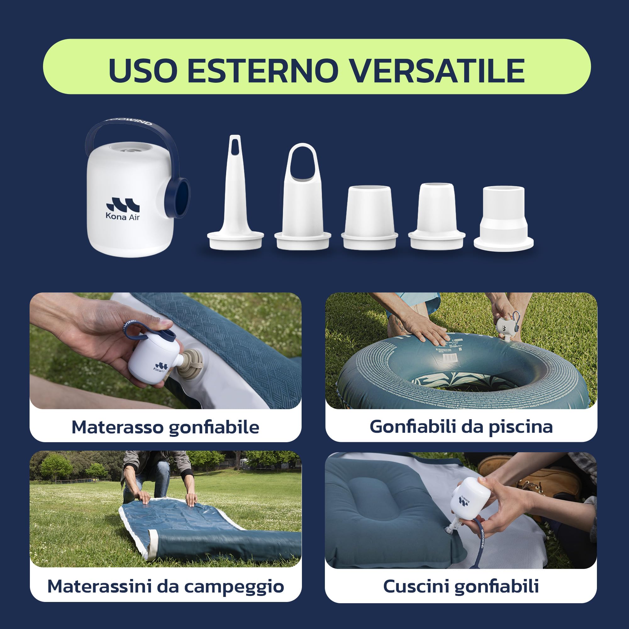 Woowind Kona Air Pompa Elettrica Per Materasso Gonfiabile, mini pompa ad aria per gonfiabili, portata 200 L/min, gonfia/sgonfia letti, galleggianti, tende, con luce LED di 10 ore