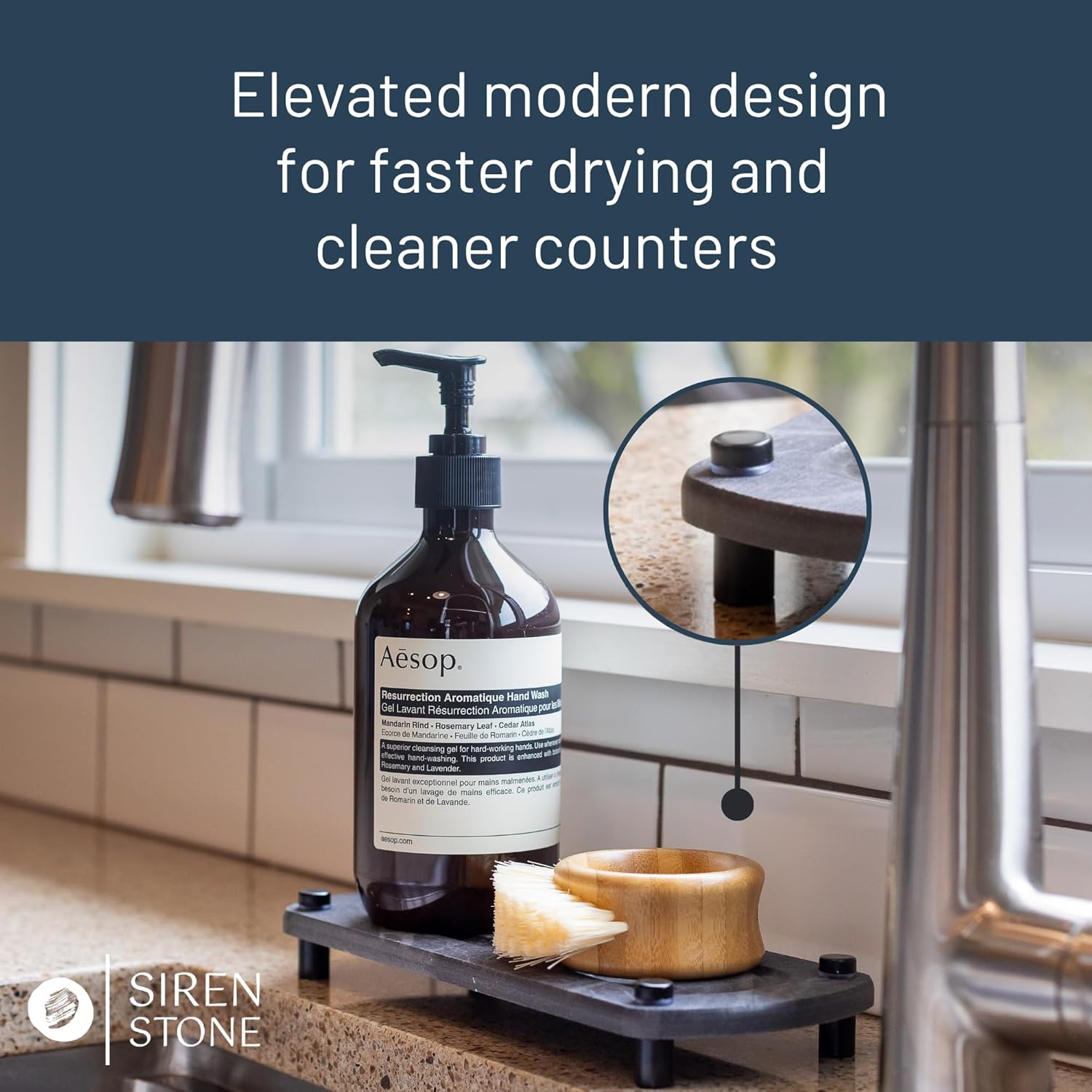 Premium Sink Caddy – Water-Absorbing Diatomaceous Earth Tray for Sink, Elevated Stainless Steel Feet, Non-Toxic, Fast-Drying, Kitchen or Bathroom