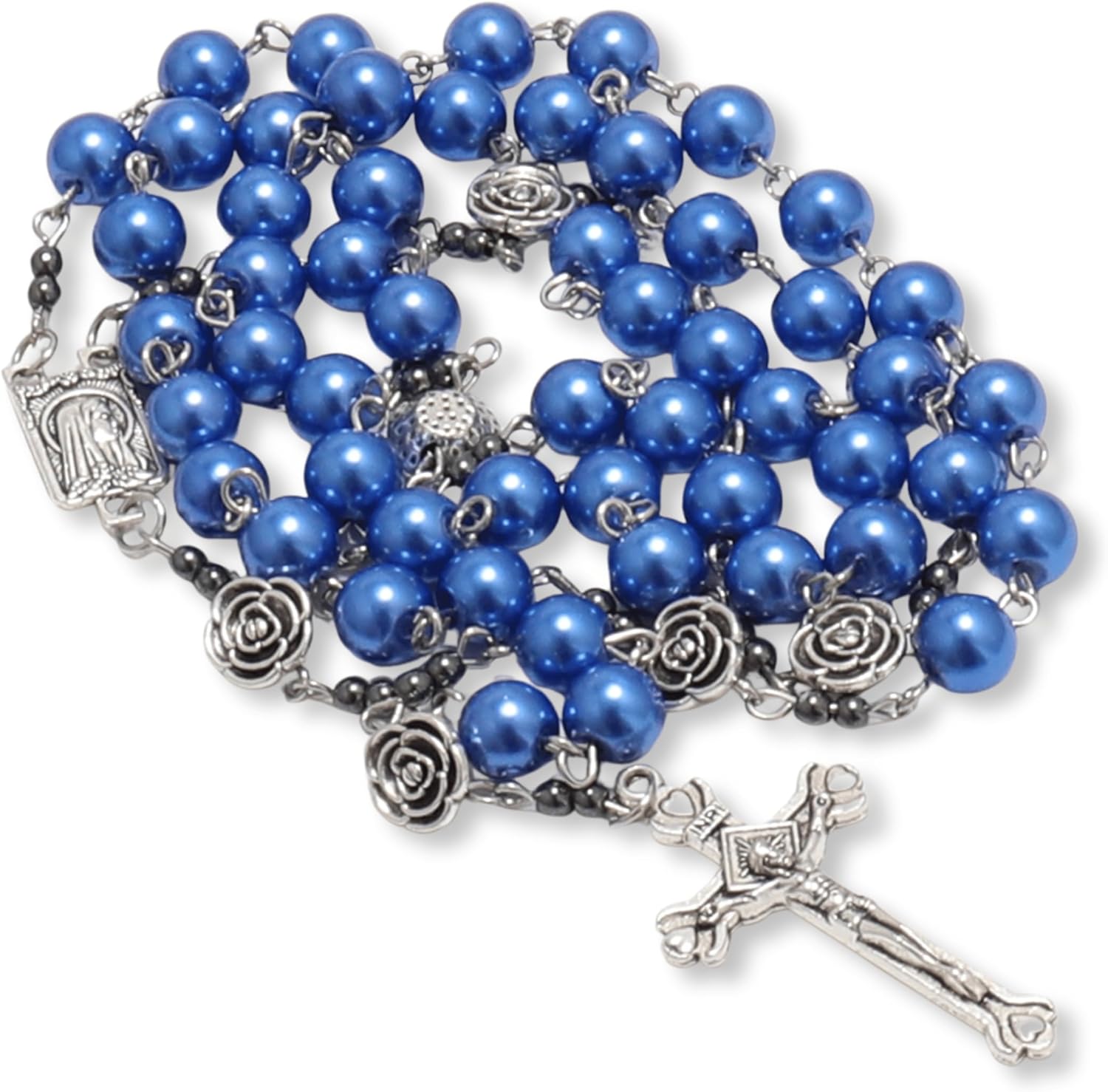 Nazareth Store Pearl Beads Rosary Metal Mystery Roses with Hematite stones, Catholic Rosary Necklace Our Rose Lourdes Medal & Cross Crucifix