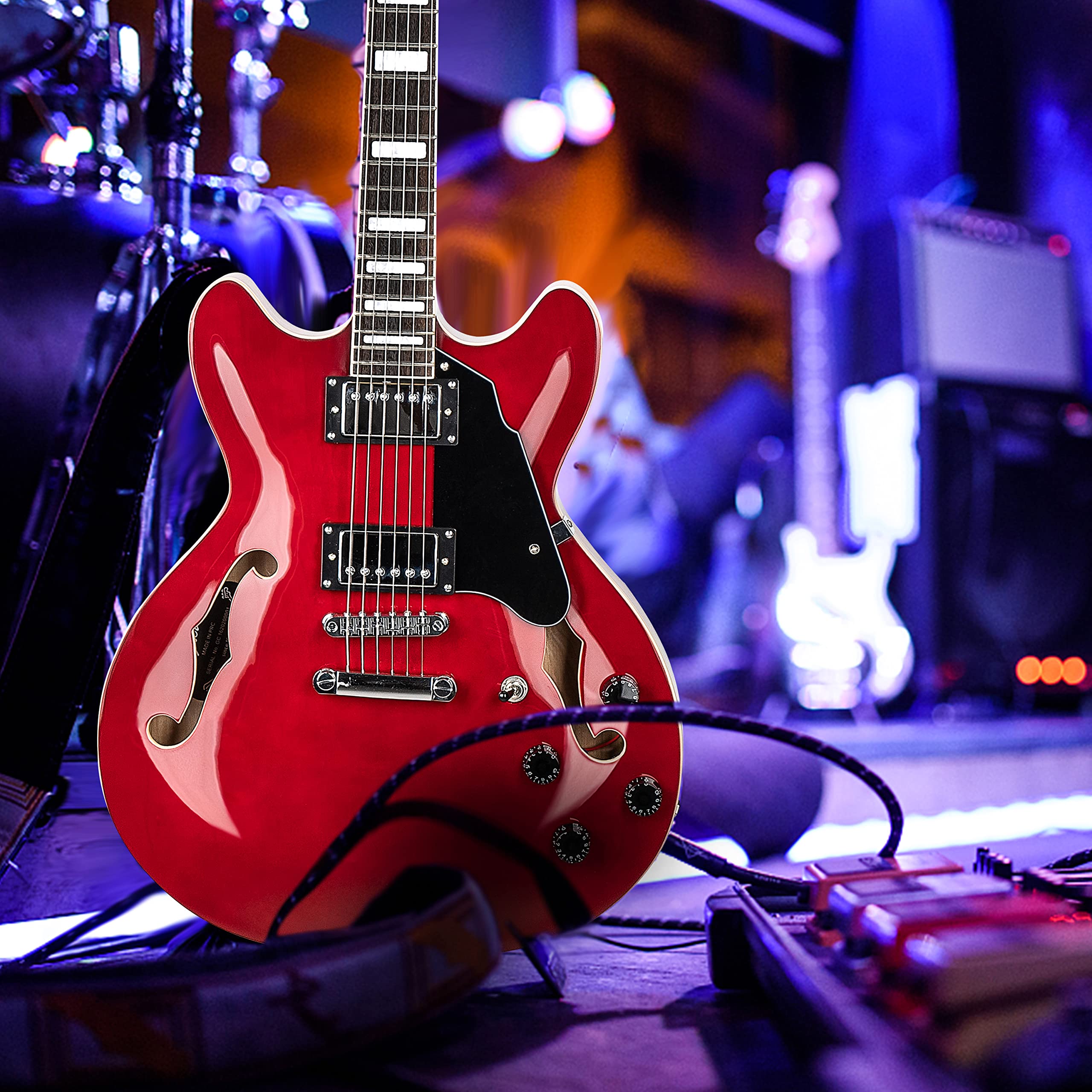 Grote Guitarra eléctrica a escala completa, cuerpo semihueco, trastes de acero inoxidable (rojo)