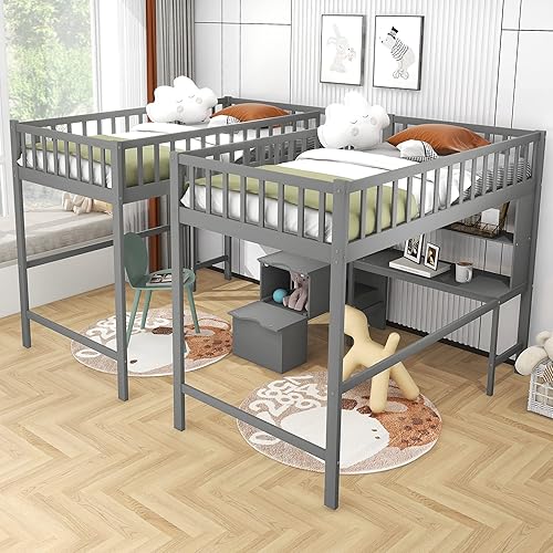 Miniatura 4 de MERITLINE Cama tipo loft de tamaño individual y individual con 2 escritorios y estantes cama doble de madera con escaleras y almacenamiento cama