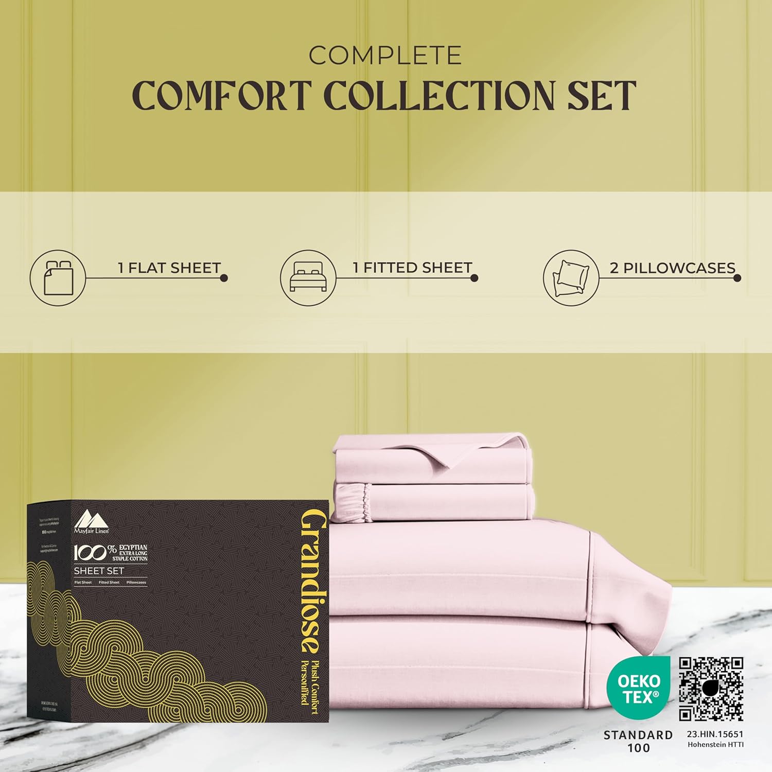 Mayfair Linen 100% Egyptian Cotton Queen Size Sheets - 1000 Thread Count Egyptian Cotton Queen Bed Sheets Set, 6 PC Blush 16" Deep Pocket, Soft Cooling Sateen Weave Ultra Luxury Hotel Bedding Set