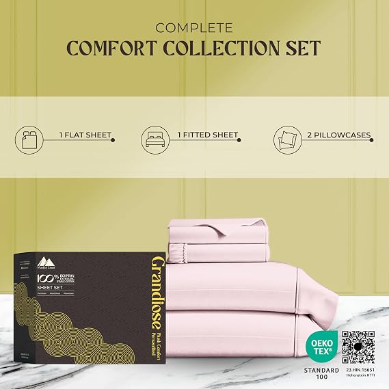 Mayfair Linen 100% Pure Egyptian Cotton Sheet Queen Size - Luxury 1000 Series Grandiose Collection Queen Size Sheets (4 PC, Blush), 16 Deep Pocket Sateen Weave Soft Cooling Hotel Bed Sheets Set