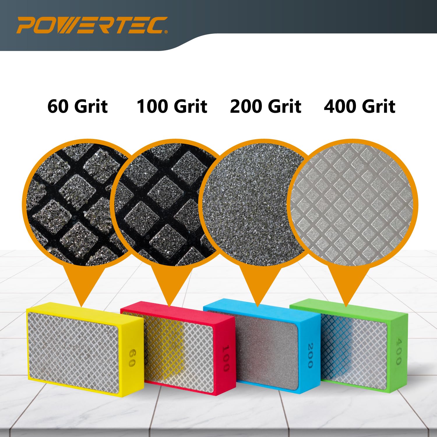 POWERTEC 72212 Kit di lama diamantata per sega a diamante e cuscinetti diamantati per lucidatura a mano, lama per piastrelle in porcellana e ceramica e blocchi abrasivi assortiti per granito, legno,