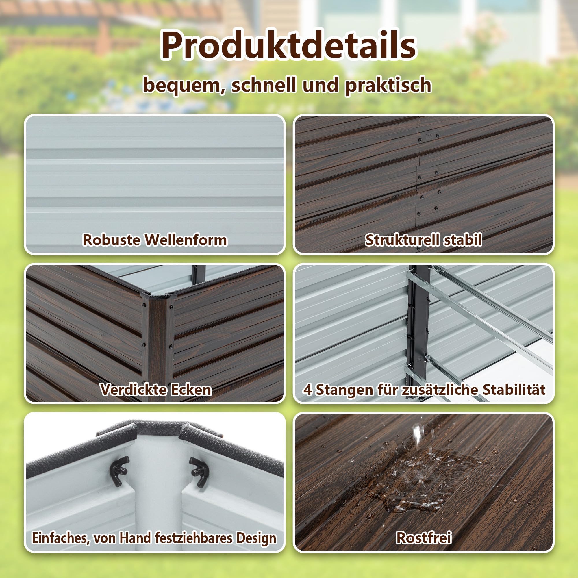 Thanaddo Hochbeet Metall Pflanzbeet, 190x90x64cm rechteckig Gemüsebeet aus verzinktem Stahl in Holzoptik, Gartenbeet Pflanzkasten Pflanzkasten Blumenkasten für Garten & Terrasse