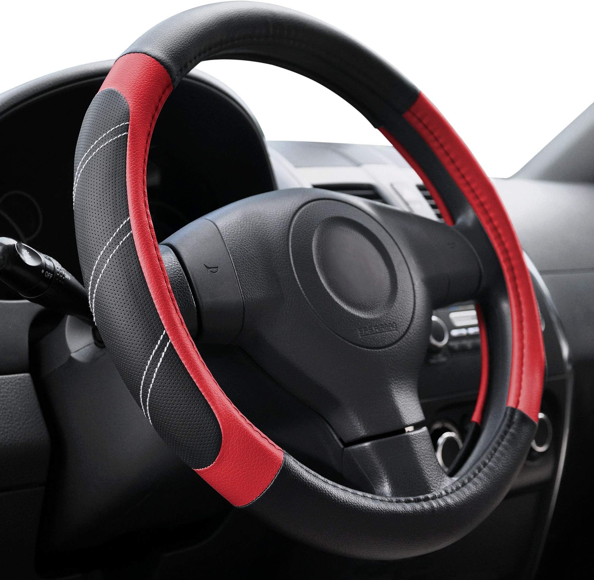 Elantrip Leather Steering Wheel Cover 15 1/2 to 16 inch Universal Large Grip Breathable for Car Truck SUV Jeep Anti Slip Black and Red