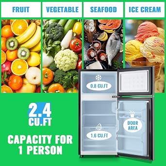DEMULLER 45L Mini Fridge with Freezer & Double Door Small Size Tiny Refrigerator with 7 Temperature Control Knob Only Suitable for One Person Use Black
