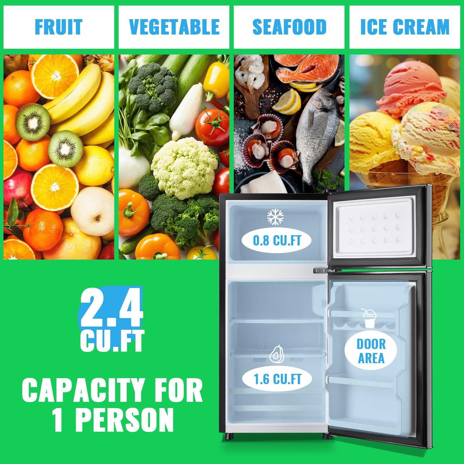 Demuller 2.4 Cu.Ft Mini Fridge With Freezer & Double Door Small Tiny Size Refrigerator With 7 Temperature Control Knob Only Suitable For One Person Use Black on Fridge.com - View 2