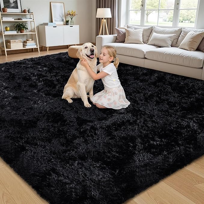 Alfombra 8x10 para Sala de Estar, Suave y Esponjosa, Negra, Antideslizante, Lavable miniatura 4