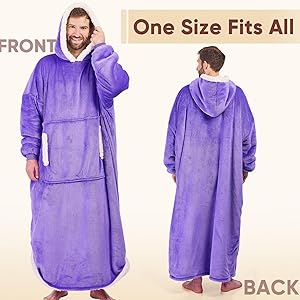 yescool Wearable Blanket Hoodie, Flannel Sherpa Fleece Blanket Sweatshirt for Adults Women Men, Big Plush Cozy Hooded Blanket with Hood, Pocket & Sleeves, Oversized, One Size Fits All (Purple)
