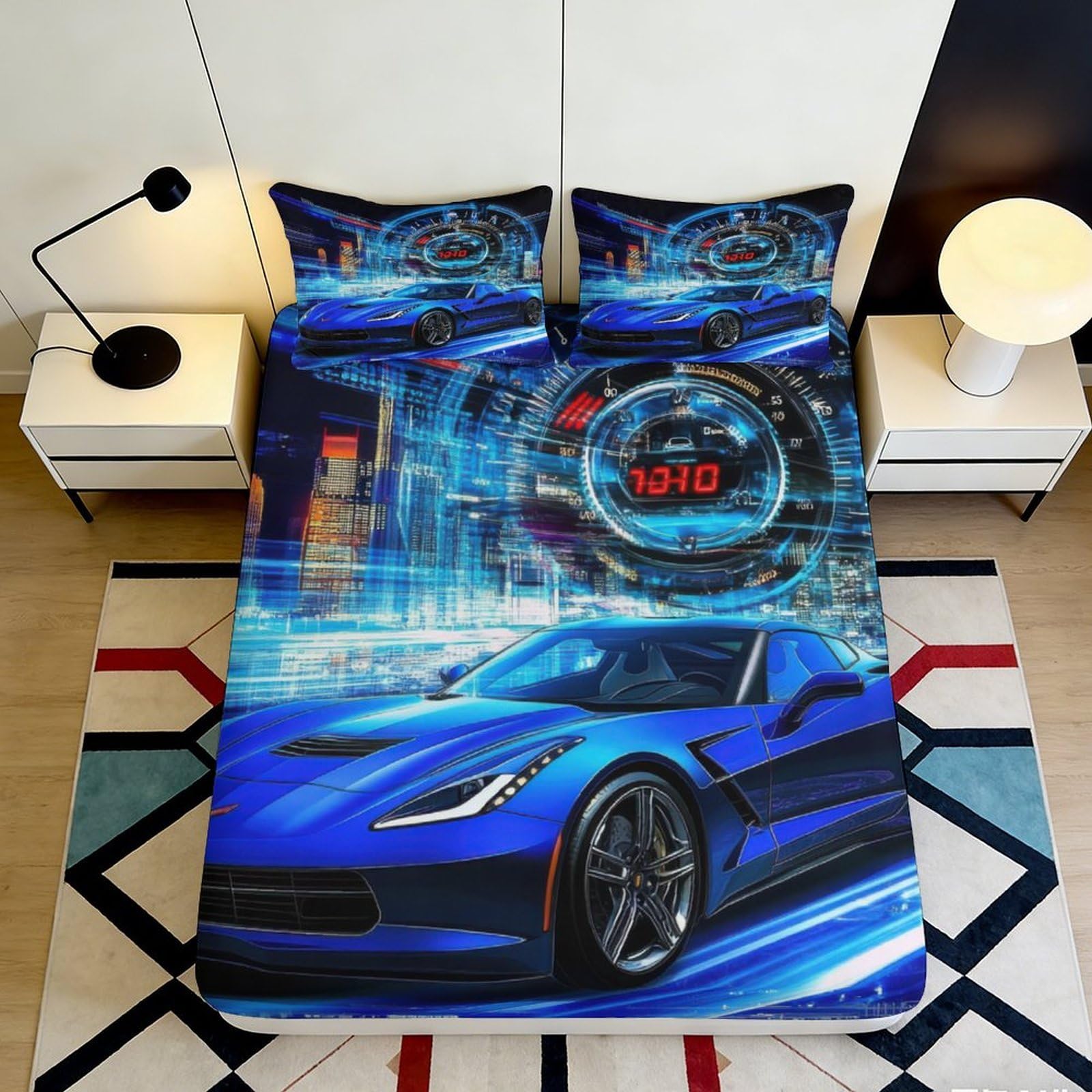 3D Printed Blue Sports Car Fitted Sheet Microfiber Urban Nightscape Mattress Cover for Bedroom Decor Easy Care 90x200x25cm