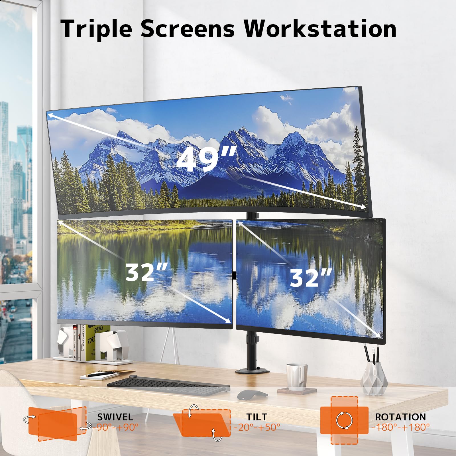 Supporto Monitor Triplo per Schermo LED LCD da max a 1 x 49 e 2 x 32 Pollici, 80CM Super alto Braccio Monitor Scrivania 10 kg per Braccio, VESA75/100mm