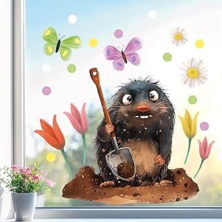 Sunnywall Fensterbild Fensterdeko Maulwurf Maulwurfshügel Blumen Fensteraufkleber statisch selbstklebend beidseitiger Druck Aufkleber Fenstersticker WIEDERVERWENDBAR A4