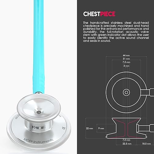 Miniatura 102 de MDF Acoustica MDF747XP09 Estetoscopio ligero para médicos, enfermeras, estudiantes, uso en el hogar, adulto, doble campana, tubo color verde oscuro