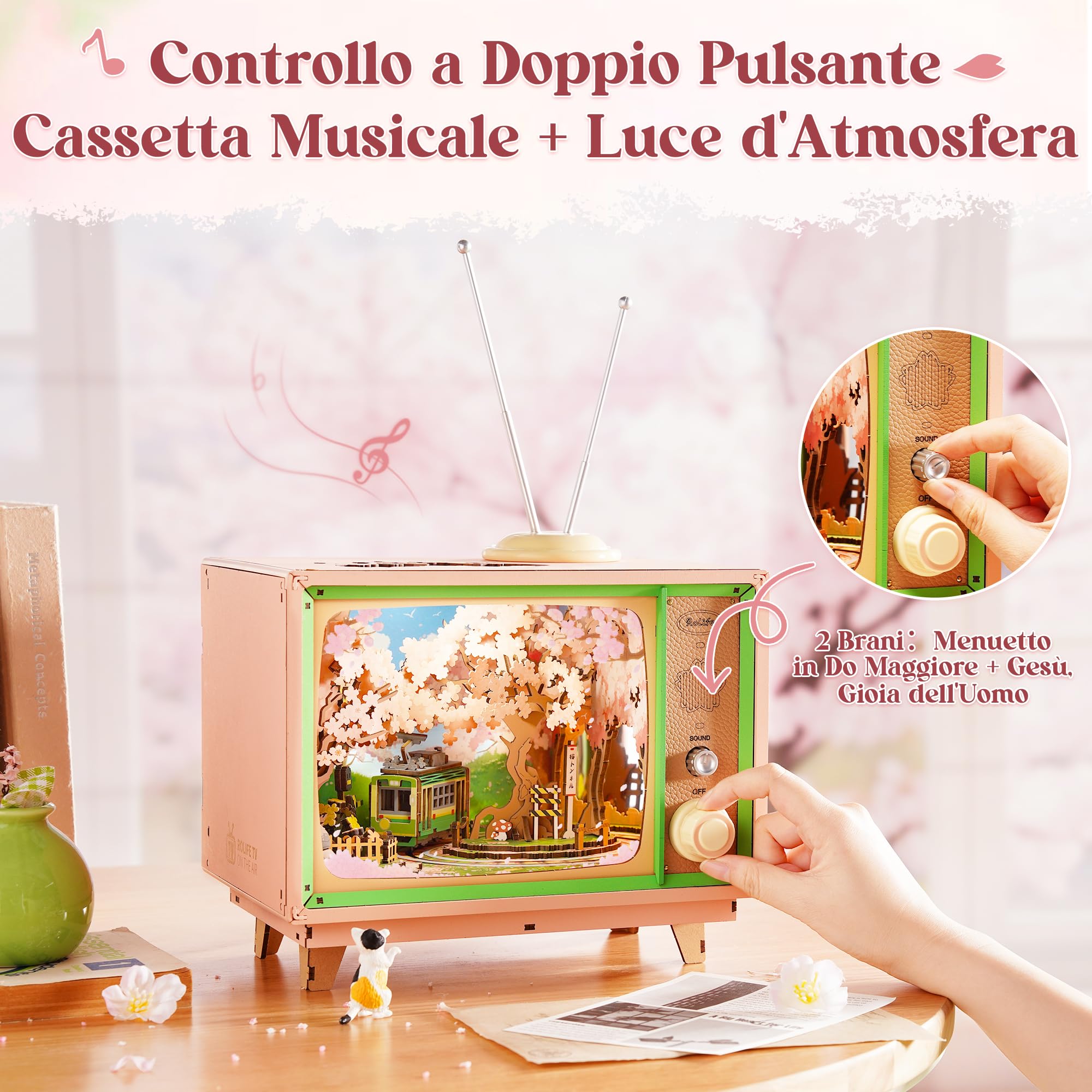 Rolife Puzzle 3D Anime Sakura Tram Decor TV, Puzzle Legno 283 pezzi – Modellino da Costruire con Tram Mobile & LED, Scena cherry blossom, Regalo per Costruire Modellini & Casa