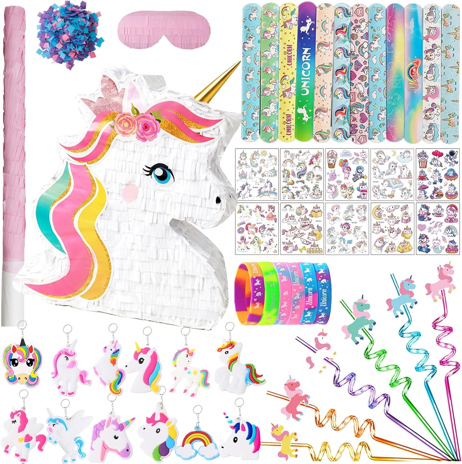 Unicorn Pinata Party Favors for Girl Birthday Party Supplies with Unicorn Pinata Stickers Slap Bracelets Keychains Silicone Bands and Straws (White)