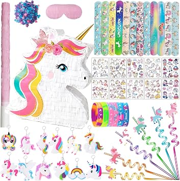 Unicorn Pinata Party Favors for Girl Birthday Party Supplies with Unicorn Pinata Stickers Slap Bracelets Keychains Silicone Bands and Straws White