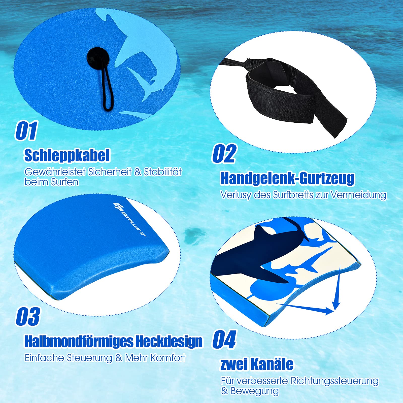 RELAX4LIFE Schwimmbrett tragbar, Schwimmboard mit Halteleine, Rutschfestes Surfbrett für Kinder & Erwachsene, Hohe Belastbarkeit, Bodyboard Shortboard, XPE HDPE