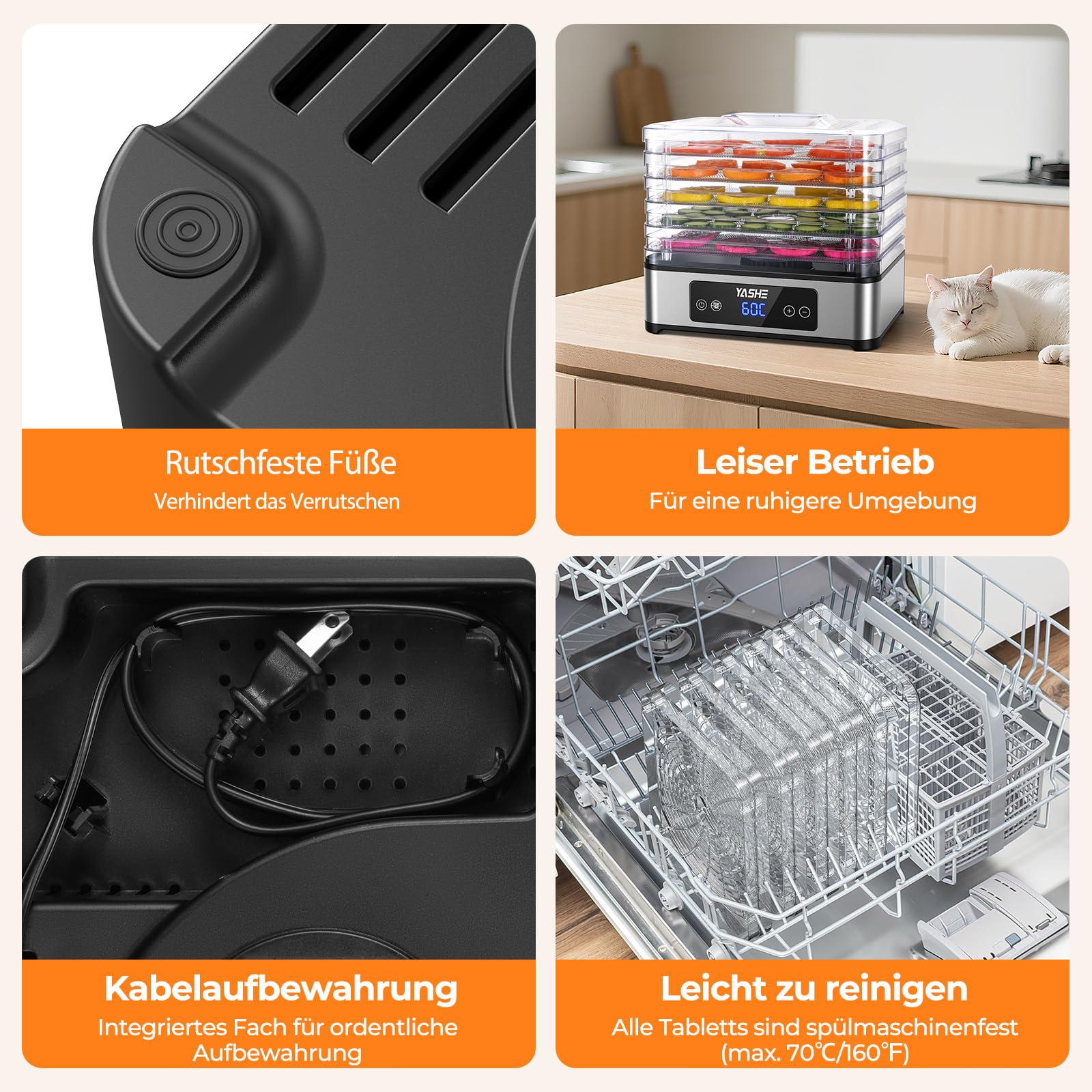YASHE Dörrautomat, 5 Edelstahl-Dörrgitter, Einstellbarer Timer & Temperatur, 360° Luftzirkulation, BPA-frei, 400W Dörrgerät für Jerky, Früchte, Kräuter, Hundesnacks