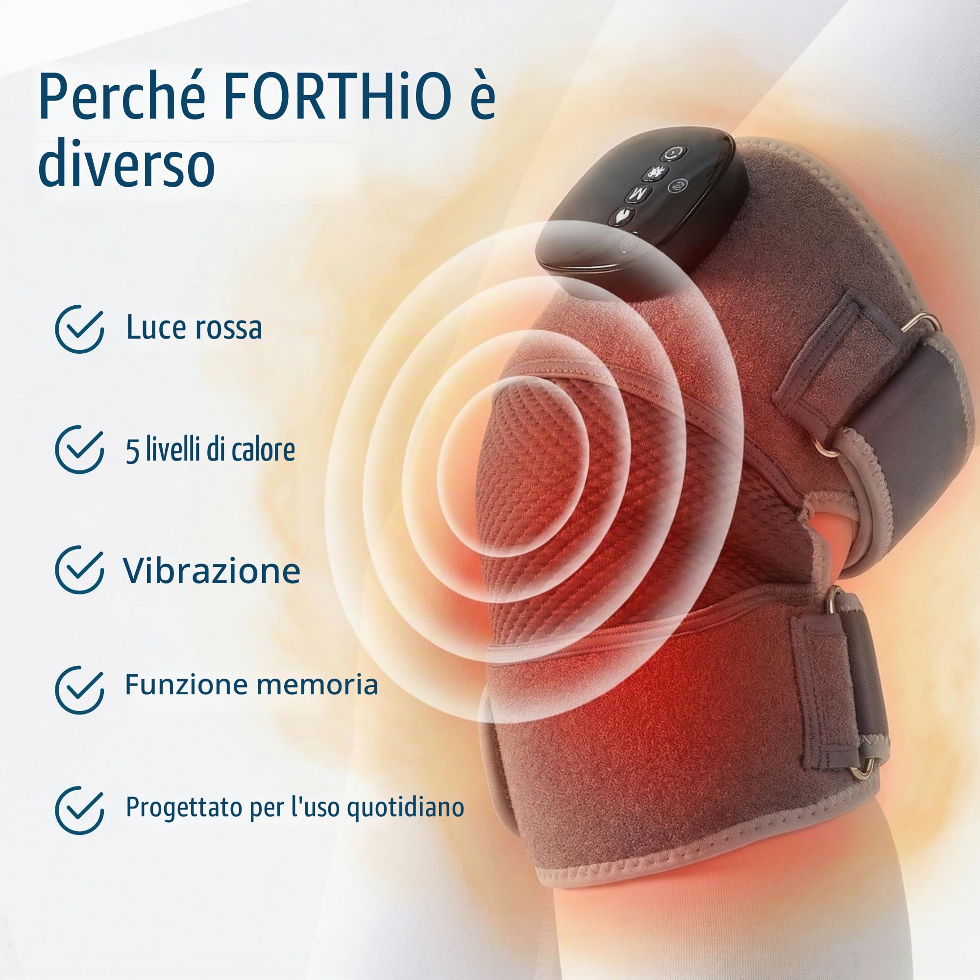 FORTHiQ RED+ Ginocchiera con calore e luce rossa, massaggiatore con 5 livelli e 52 luci rosse/IR, senza fili e regolabile per ginocchia, gomiti e spalle, Regalo per uomo e donna