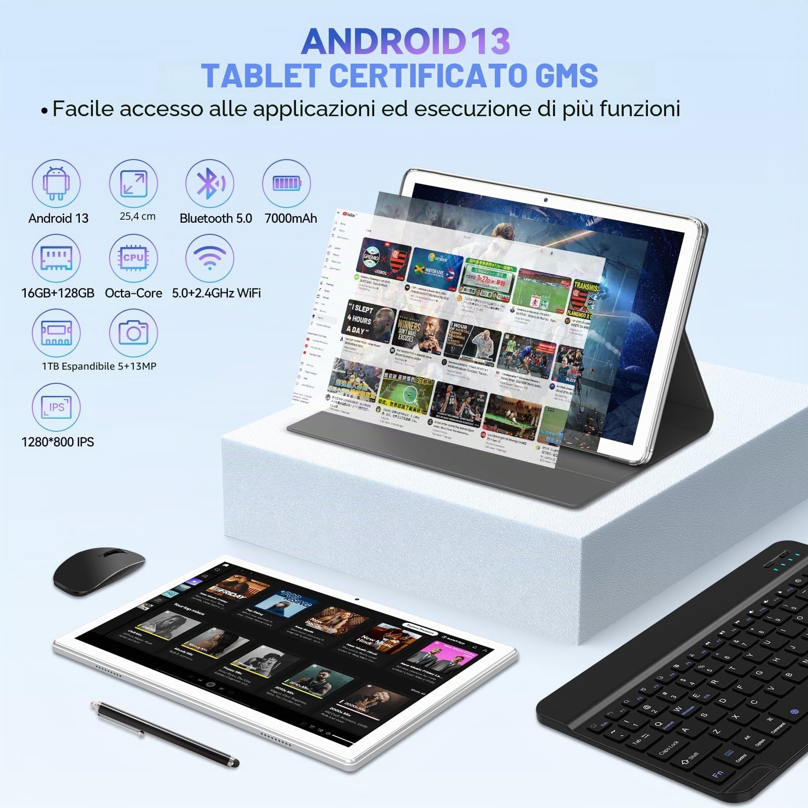 ANTEMPER Tablet 10 Pollici, 2024 Newest Android 13 Tablet PC, Octa-Core 16GB RAM+128GB ROM (1TB TF), 5G WiFi, Bluetooth 5.0, GPS, Tablet 2 in 1 con Tastiera, Penna, Mouse, Argenteo