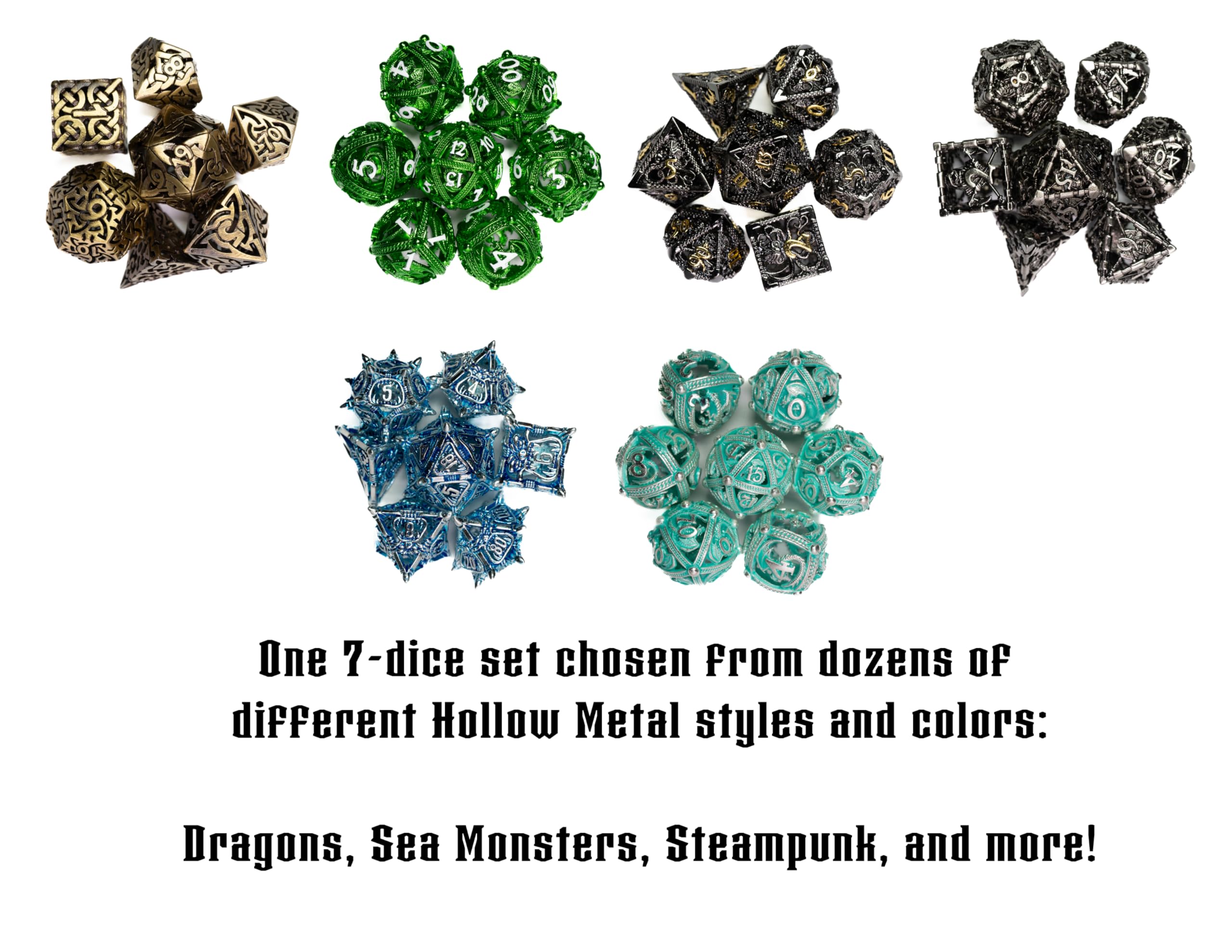 Sac à dés mystère | Lot de 7 dés polyédriques de jeu | Un ensemble choisi au hasard | RPG, DND, etc. (Ensemble métallique creux mystère)