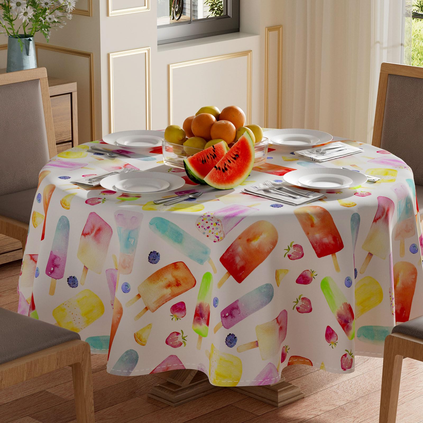 Photo 1 of XCHI Colorful Cool Popsicle Strawberry Grape Fruits Summer Tablecloth Round Washable Table Covers for Indoor Outdoor Dining Home Party Decorations 60x60 Inch