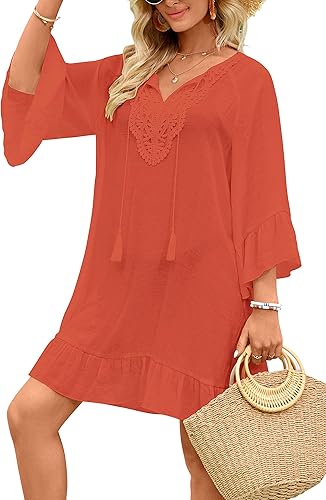 Mallnear Traje de baño para mujer camisa con cuello en V traje de baño salida de baño vestido de playa suelto para verano