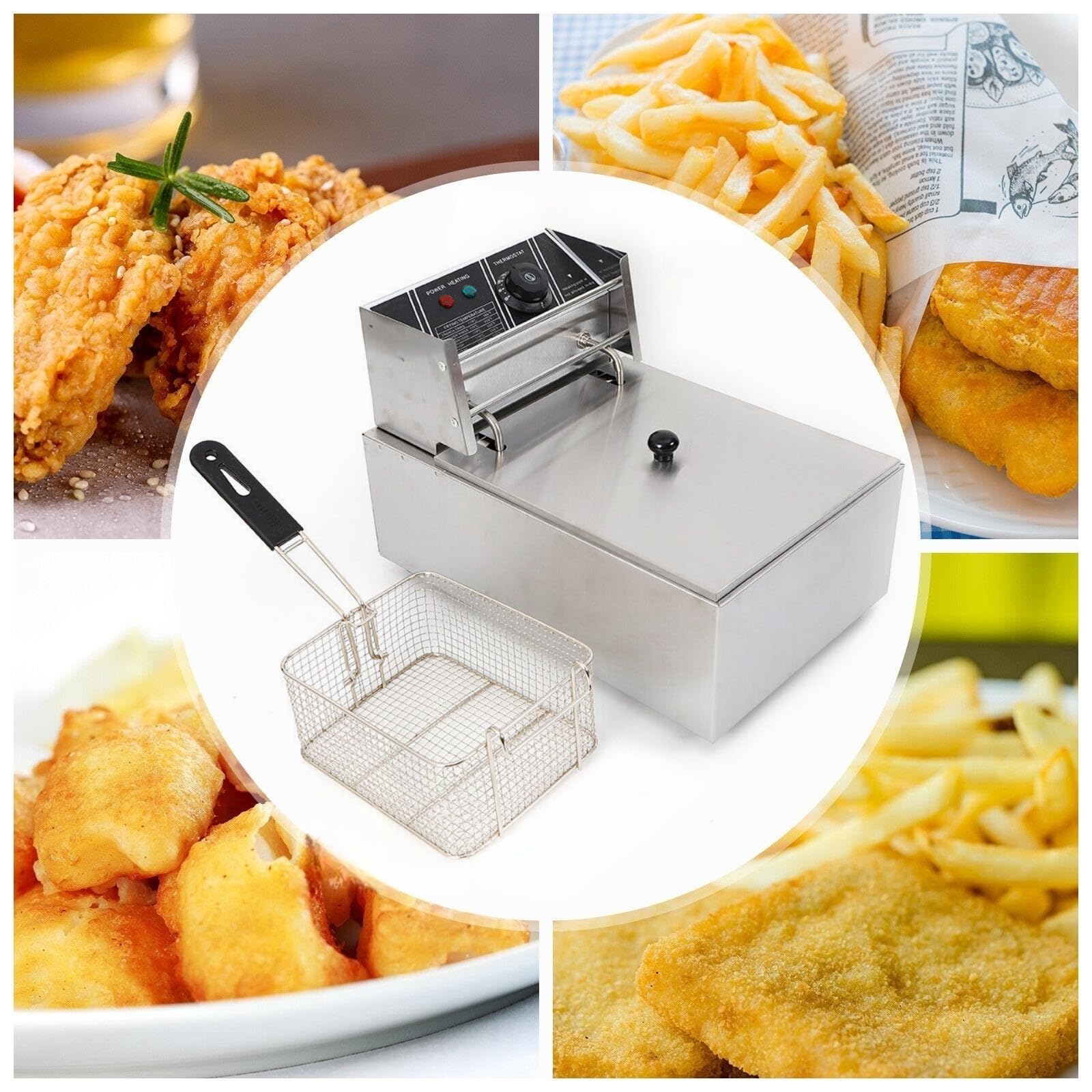 Freidora eléctrica con grasa, 2500 W, 6 l, freidora comercial, acero inoxidable, zonas frías, freidora, gastro profesional, freidora con aceite para restaurantes, cafeterías, bares, 60-200 °C