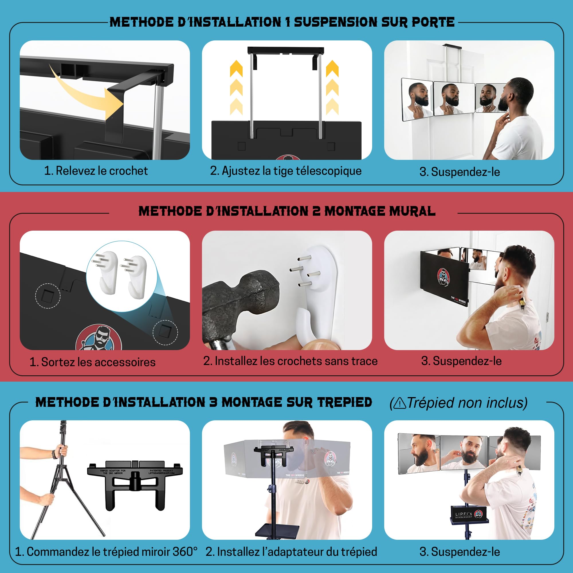 LIPFISBARBERSHOP.COM Miroir 360° - Self Cut Mirror - Miroir 3 Faces Pliable avec Crochets adaptables sur Toutes Les Surfaces (sans LED)