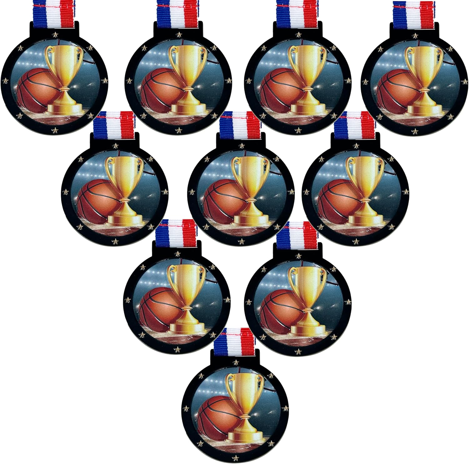 Basketball Award Medals with Attached Neck Ribbons Trophy Medal Trophies Gift Prize Team, 10 Pack of Large 2.25 Inch, Black Gold Star UV