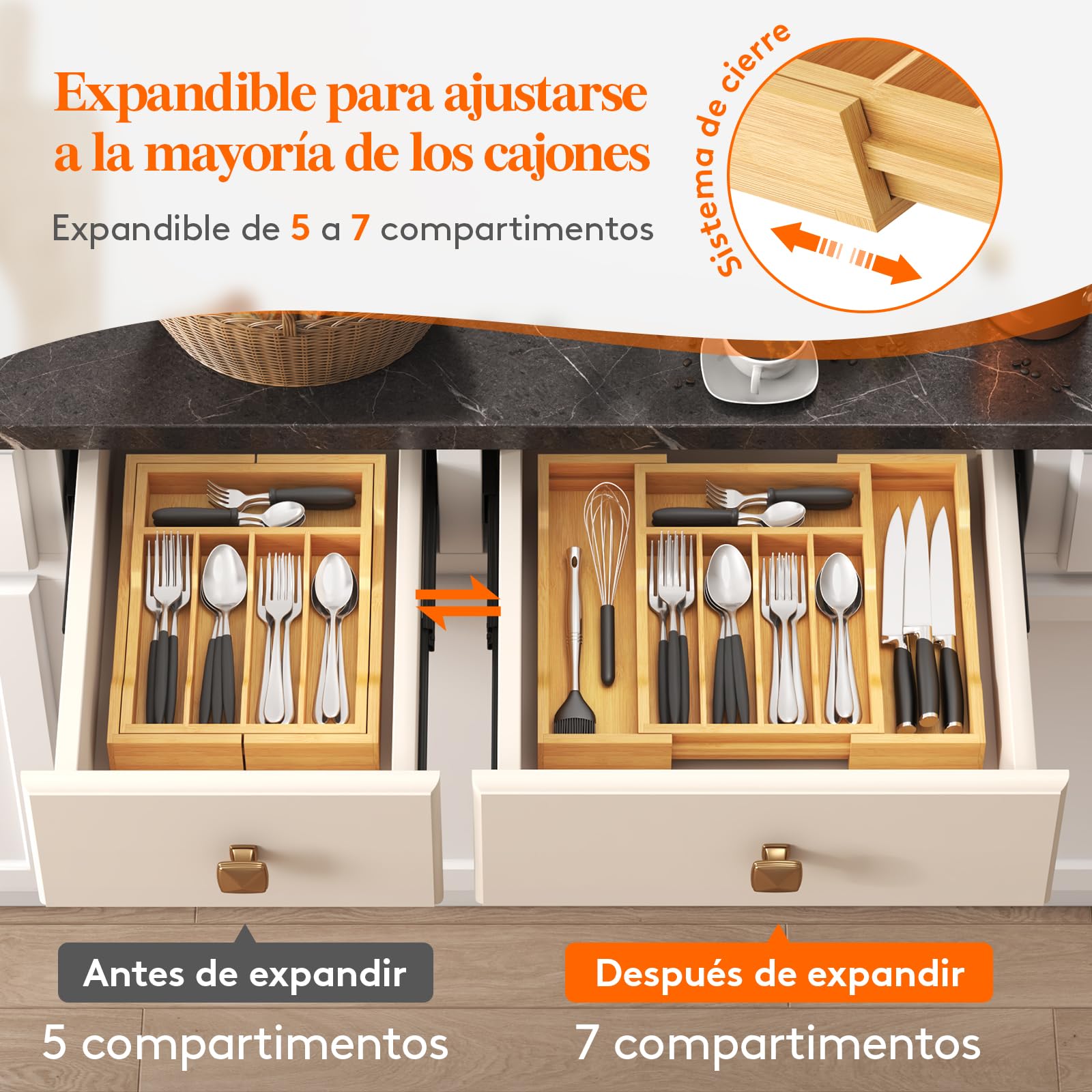Lifewit Organizador Cubiertos de Bambú para Cajon, Extensible Bandeja Vajilla 24 a 40 cm, Profundidad de 33cm, Almacenaje Talheres para Cocina, Separador Ajustable para Utensilios/Cucharas/Herramienta