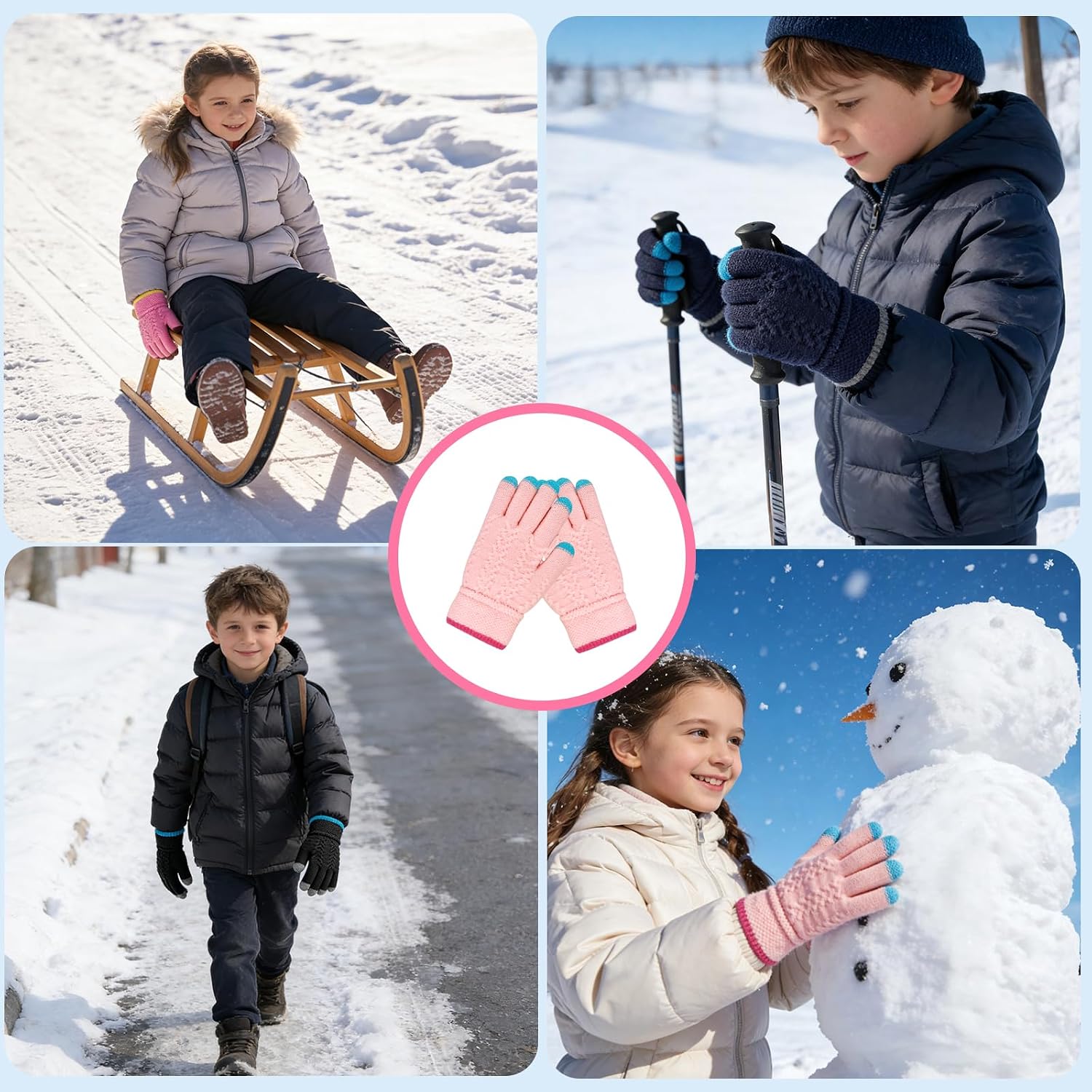 2 Pairs Kids Winter Gloves Warm Fleece Thermal Knit Full Finger Snow Cold Weather Gloves Gift for Boy Girls Age 3-8